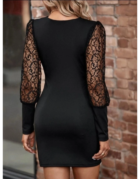 Kadın Uzun Kollu Kruvaze Yaka Kollar Tül Detay Krep Mini Boy Elbise