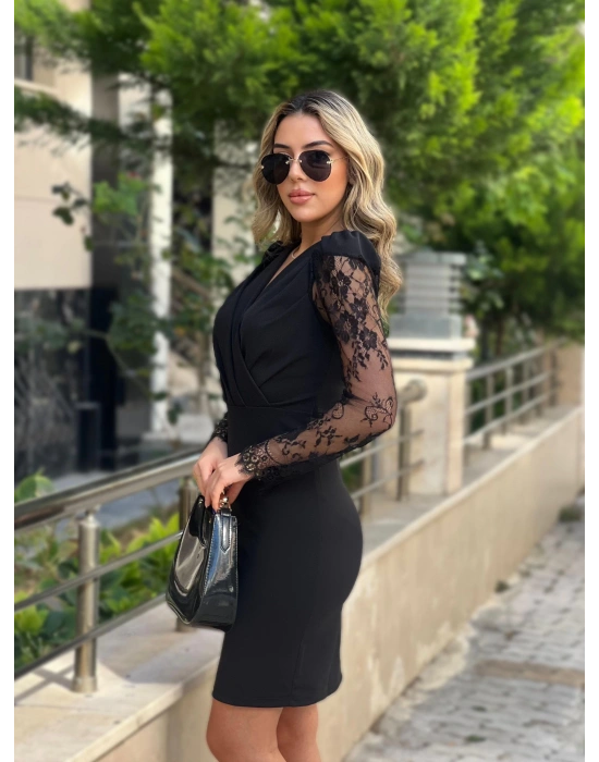 Kadın Uzun Kollu Kruvaze Yaka Kollar Tül Detay Krep Mini Boy Elbise