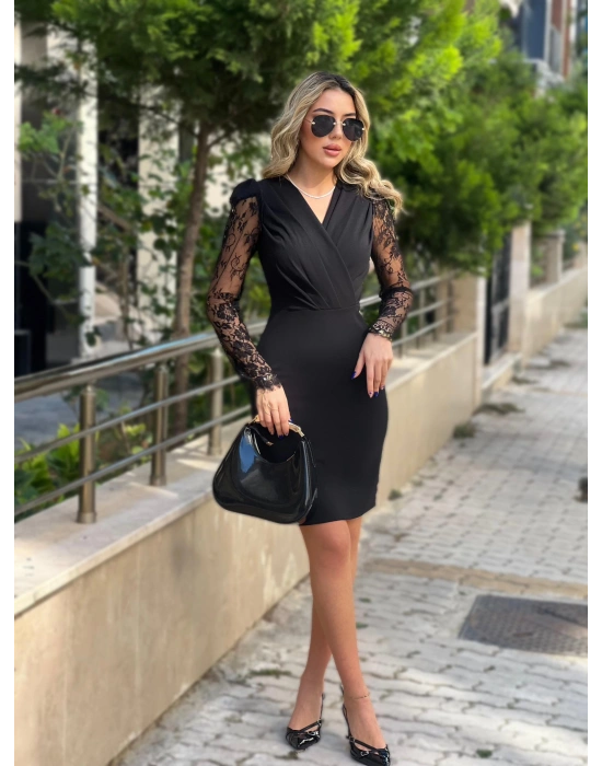 Kadın Uzun Kollu Kruvaze Yaka Kollar Tül Detay Krep Mini Boy Elbise