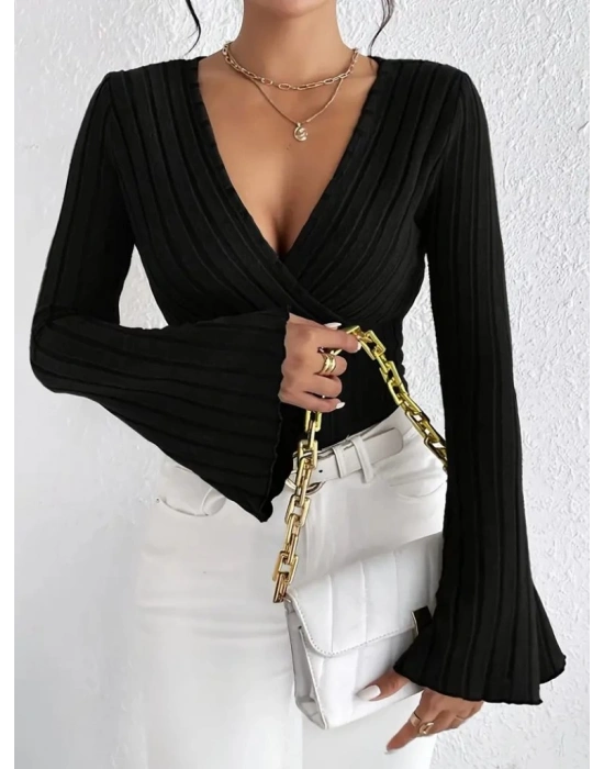 Kadın Uzun Kollu Kruvaze Yaka Kolları Ispanyol şardonlu Kaşkorse Bluz