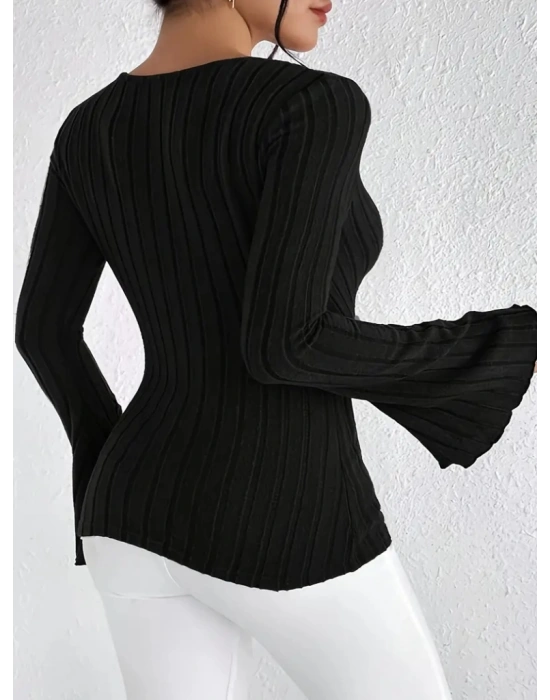 Kadın Uzun Kollu Kruvaze Yaka Kolları Ispanyol şardonlu Kaşkorse Bluz