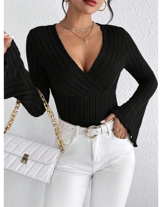 Kadın Uzun Kollu Kruvaze Yaka Kolları Ispanyol şardonlu Kaşkorse Bluz