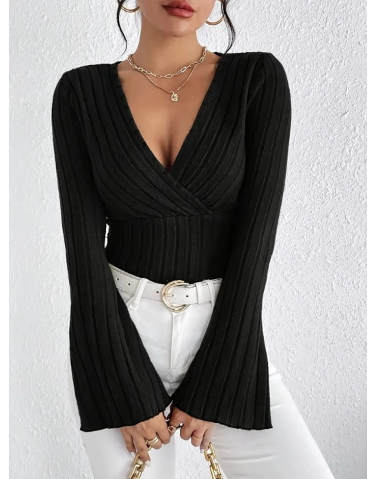 Kadın Uzun Kollu Kruvaze Yaka Kolları Ispanyol şardonlu Kaşkorse Bluz