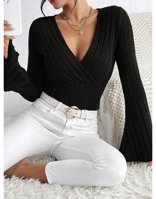 Kadın Uzun Kollu Kruvaze Yaka Kolları Ispanyol şardonlu Kaşkorse Bluz