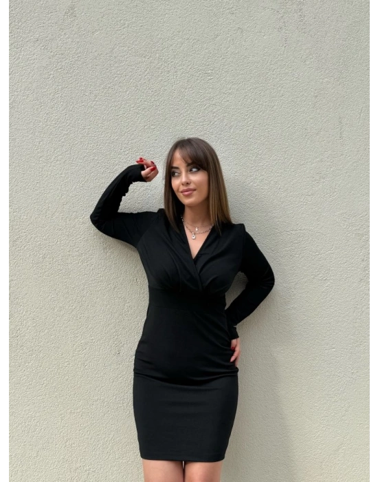 Kadın Uzun Kollu Kruvaze Yaka Krep Mini Boy Elbise