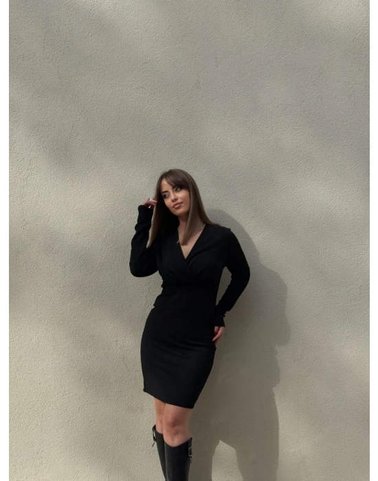 Kadın Uzun Kollu Kruvaze Yaka Krep Mini Boy Elbise