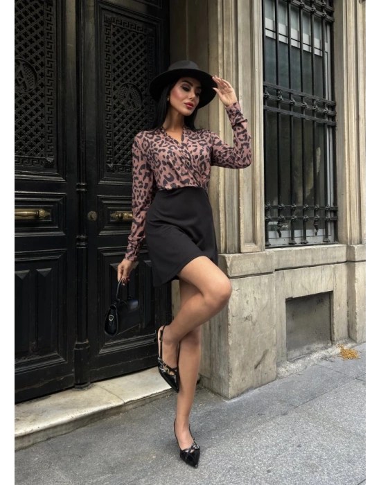 Kadın Uzun Kollu Kruvaze Yaka Krep Mini Boy Elbise