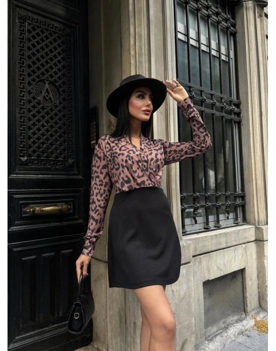 Kadın Uzun Kollu Kruvaze Yaka Krep Mini Boy Elbise