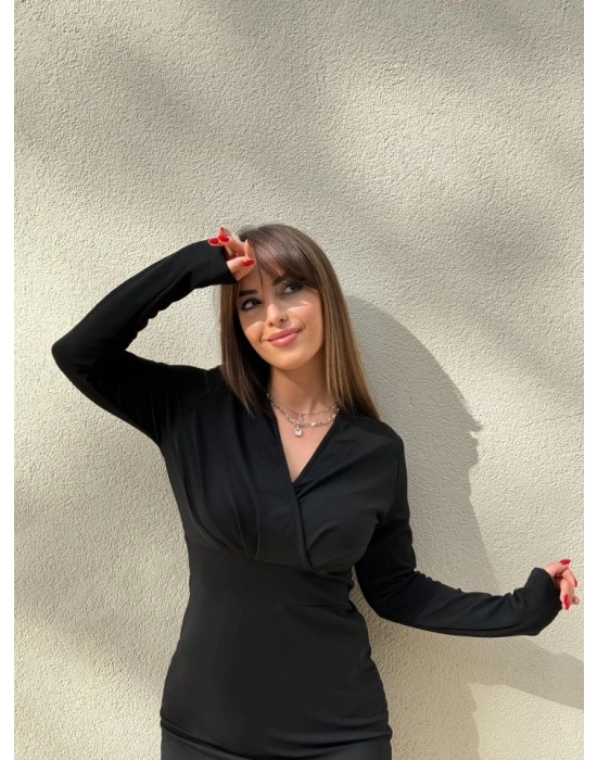 Kadın Uzun Kollu Kruvaze Yaka Krep Mini Boy Elbise