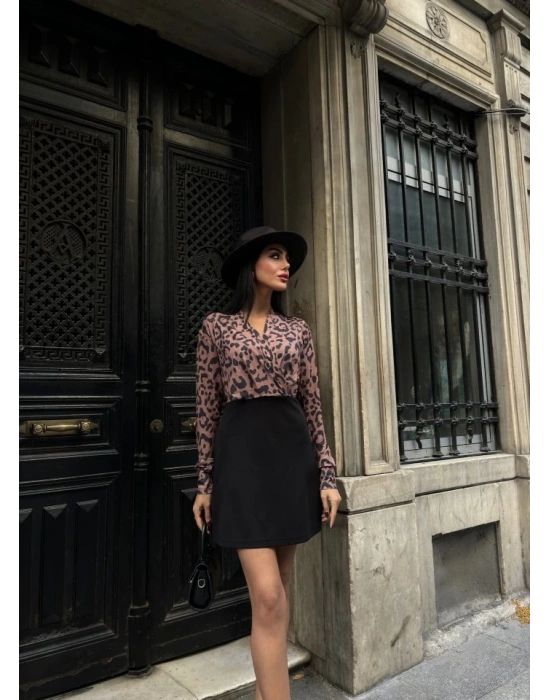 Kadın Uzun Kollu Kruvaze Yaka Krep Mini Boy Elbise