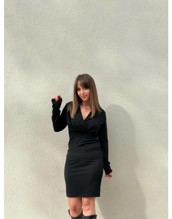 Kadın Uzun Kollu Kruvaze Yaka Krep Mini Boy Elbise