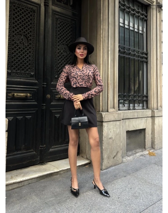 Kadın Uzun Kollu Kruvaze Yaka Krep Mini Boy Elbise