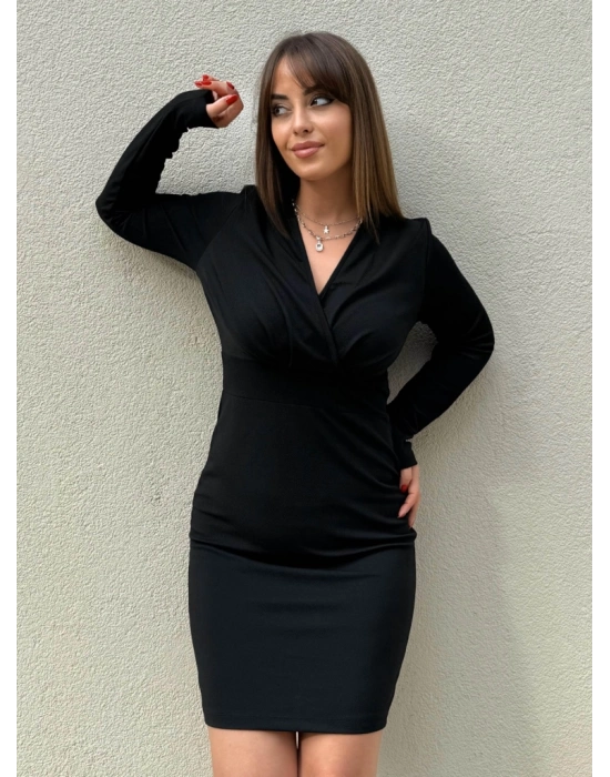 Kadın Uzun Kollu Kruvaze Yaka Krep Mini Boy Elbise