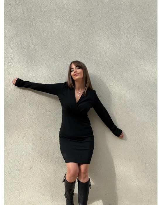 Kadın Uzun Kollu Kruvaze Yaka Krep Mini Boy Elbise