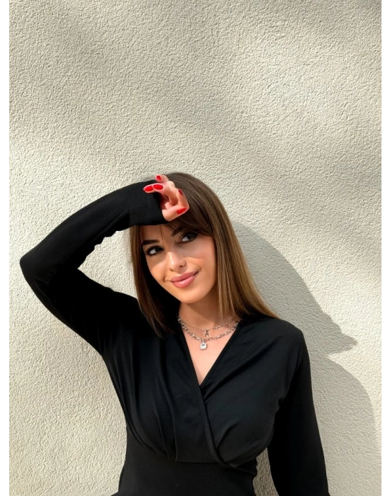 Kadın Uzun Kollu Kruvaze Yaka Krep Mini Boy Elbise