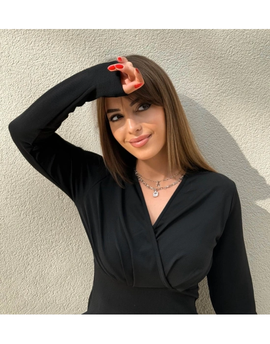 Kadın Uzun Kollu Kruvaze Yaka Krep Mini Boy Elbise