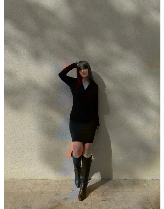 Kadın Uzun Kollu Kruvaze Yaka Krep Mini Boy Elbise