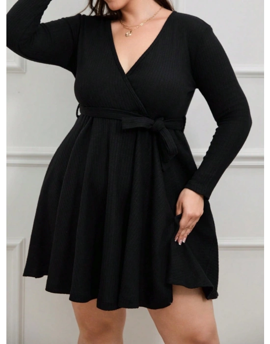 Kadın Uzun Kollu Kruvaze Yaka Kuşak Detay Salaş şardonlu Kaşkorse Mini Elbise