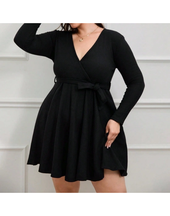 Kadın Uzun Kollu Kruvaze Yaka Kuşak Detay Salaş şardonlu Kaşkorse Mini Elbise