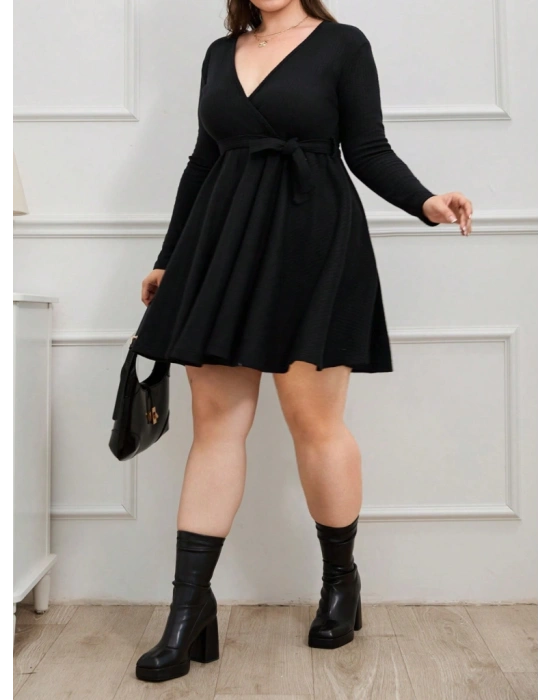 Kadın Uzun Kollu Kruvaze Yaka Kuşak Detay Salaş şardonlu Kaşkorse Mini Elbise