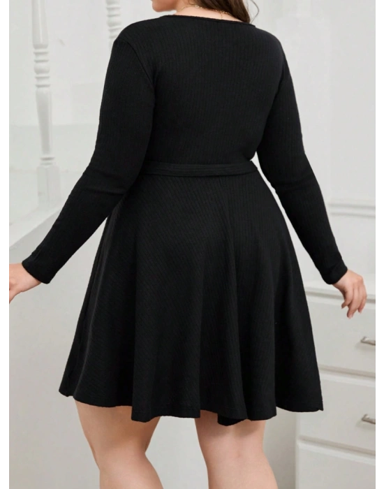 Kadın Uzun Kollu Kruvaze Yaka Kuşak Detay Salaş şardonlu Kaşkorse Mini Elbise