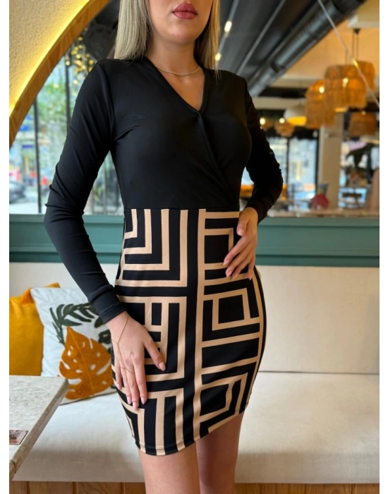 Kadın Uzun Kollu Kruvaze Yaka Labirent Desen Dalgıç Elbise