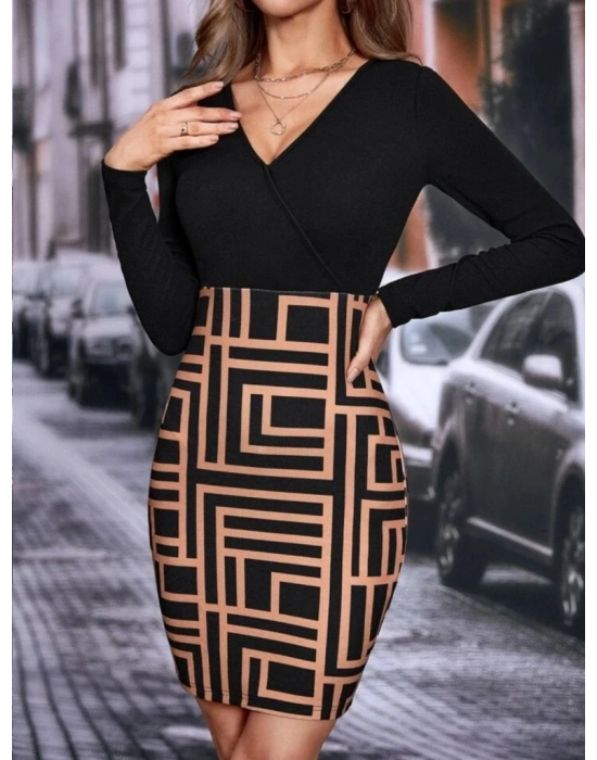 Kadın Uzun Kollu Kruvaze Yaka Labirent Desen Dalgıç Elbise
