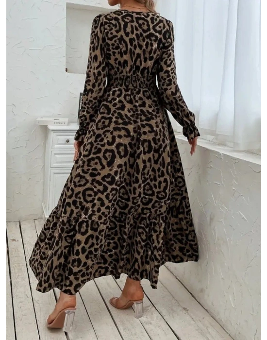 Kadın Uzun Kollu Kruvaze Yaka Leopar Desenli Uzun Süprem Elbise