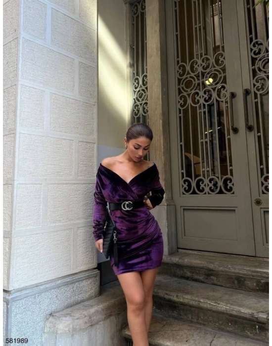 Kadın Uzun Kollu Kruvaze Yaka Omuz Dekolteli Kemer Dahil ini Kadife Elbise