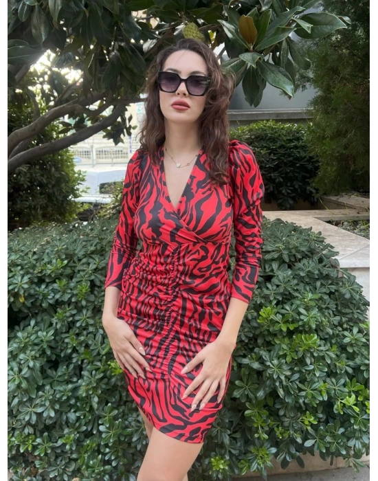 Kadın Uzun Kollu Kruvaze Yaka ön Kısım Büzgülü Zebra Desen Dalgıç Elbise