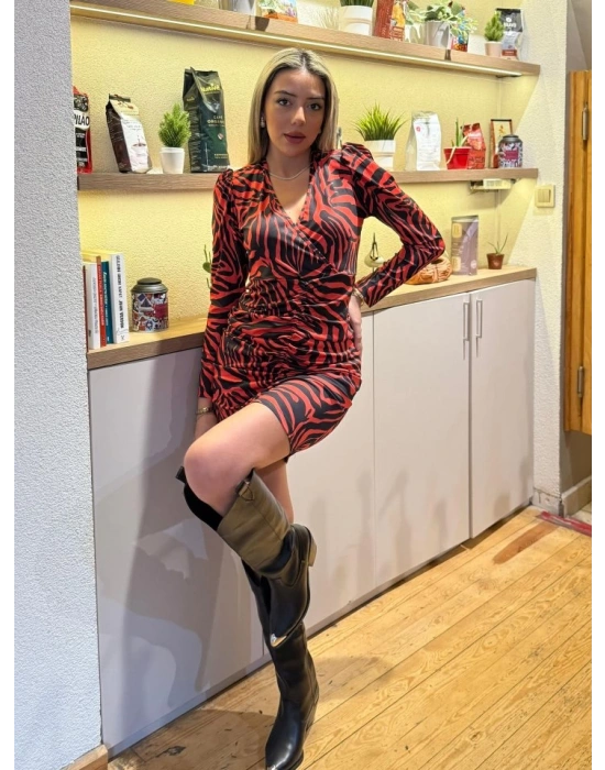 Kadın Uzun Kollu Kruvaze Yaka ön Kısım Büzgülü Zebra Desen Dalgıç Elbise