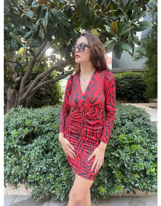 Kadın Uzun Kollu Kruvaze Yaka ön Kısım Büzgülü Zebra Desen Dalgıç Elbise