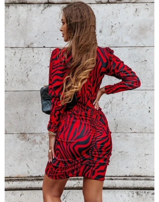 Kadın Uzun Kollu Kruvaze Yaka ön Kısım Büzgülü Zebra Desen Dalgıç Elbise