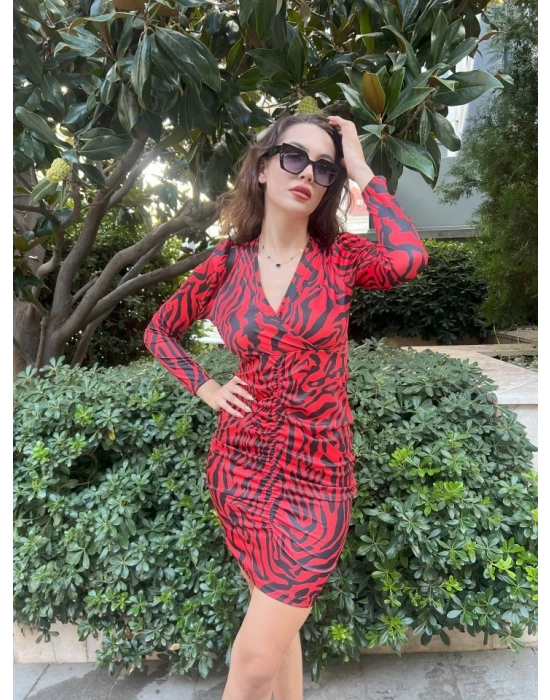Kadın Uzun Kollu Kruvaze Yaka ön Kısım Büzgülü Zebra Desen Dalgıç Elbise