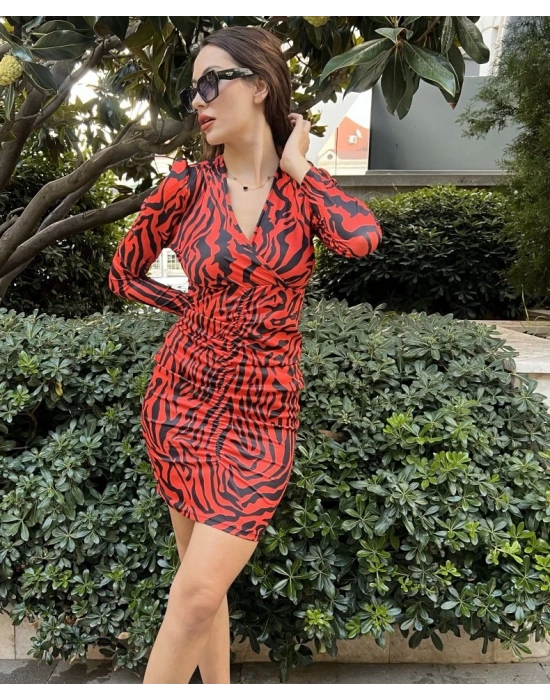 Kadın Uzun Kollu Kruvaze Yaka ön Kısım Büzgülü Zebra Desen Dalgıç Elbise
