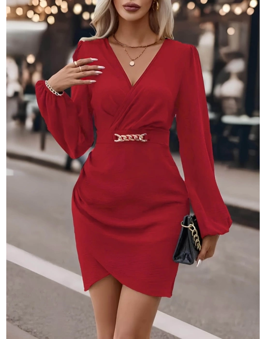 Kadın Uzun Kollu Kruvaze Yaka önden Asimetrik Detay Kısa Krep Elbise