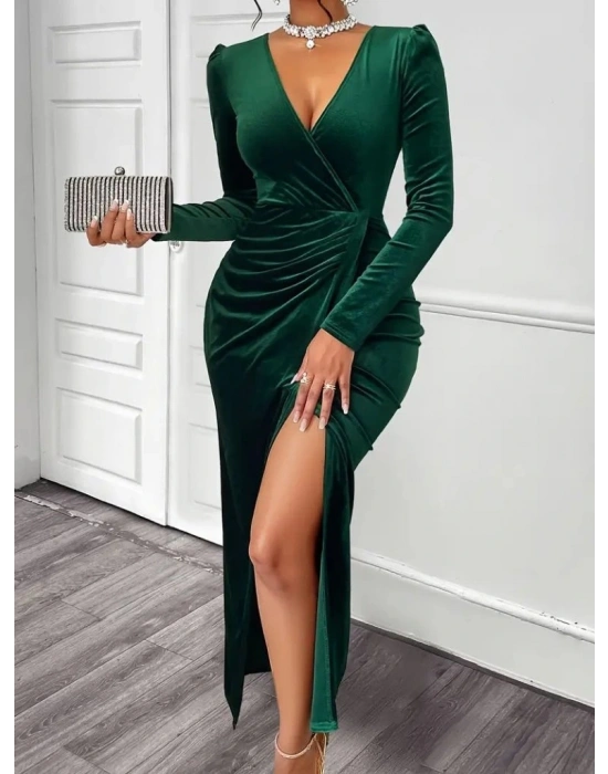 Kadın Uzun Kollu Kruvaze Yaka önünden çapraz Detaylı Uzun Kadife Elbise