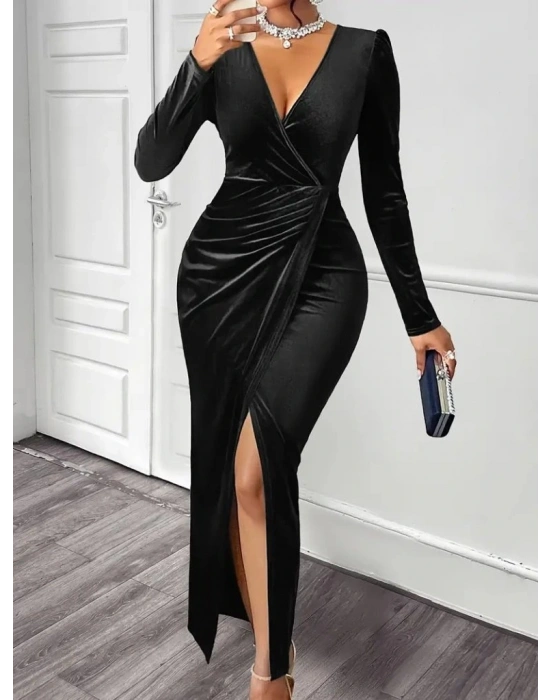 Kadın Uzun Kollu Kruvaze Yaka önünden çapraz Detaylı Uzun Kadife Elbise