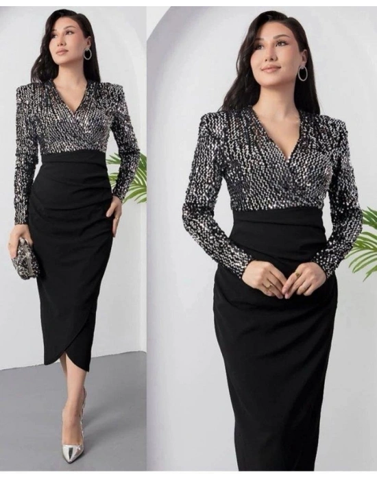 Kadın Uzun Kollu Kruvaze Yaka Pul Payet Detay Midi Boy Elbise