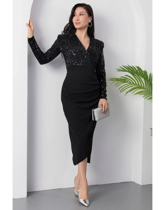 Kadın Uzun Kollu Kruvaze Yaka Pul Payet Detay idi Boy Elbise