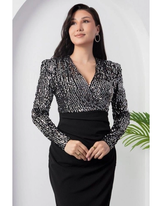 Kadın Uzun Kollu Kruvaze Yaka Pul Payet Detay Midi Boy Elbise