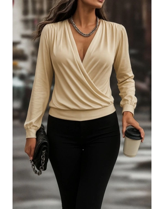 Kadın Uzun Kollu Kruvaze Yaka Sandy Bluz