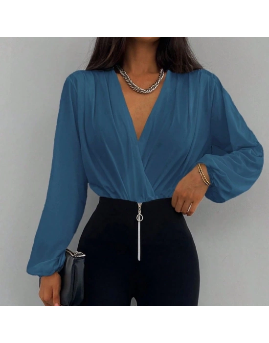 Kadın Uzun Kollu Kruvaze Yaka Sandy Bluz