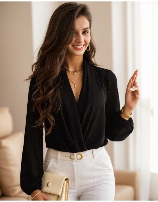 Kadın Uzun Kollu Kruvaze Yaka Sandy Bluz