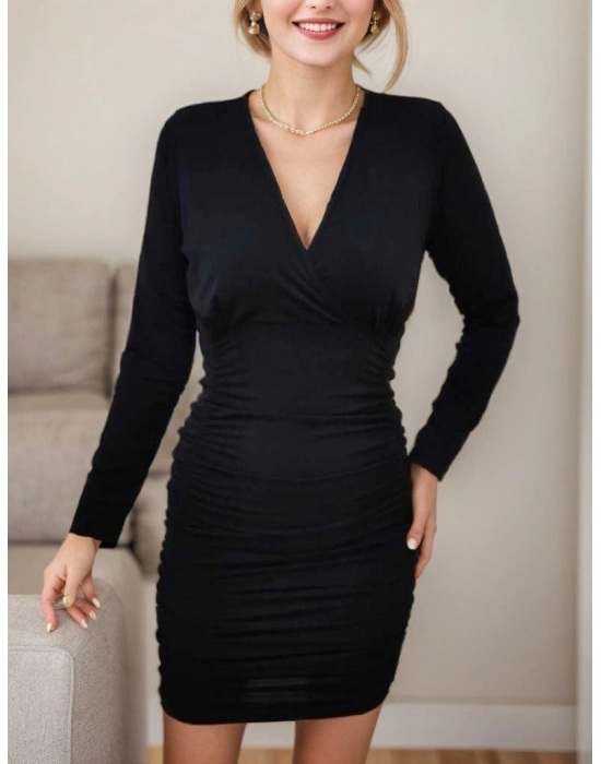 Kadın Uzun Kollu Kruvaze Yaka Sandy Mini Elbise