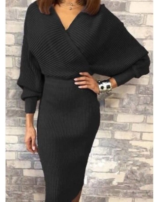 Kadın Uzun Kollu Kruvaze Yaka Triko Elbise