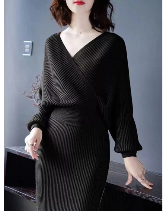 Kadın Uzun Kollu Kruvaze Yaka Triko Elbise