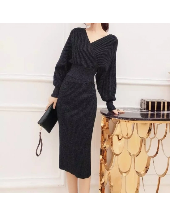 Kadın Uzun Kollu Kruvaze Yaka Triko Elbise