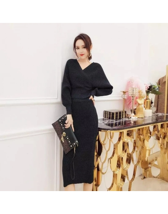 Kadın Uzun Kollu Kruvaze Yaka Triko Elbise