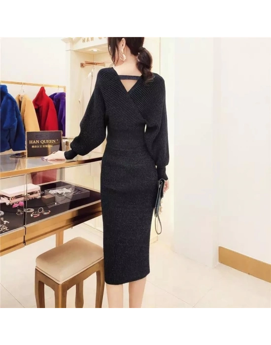 Kadın Uzun Kollu Kruvaze Yaka Triko Elbise
